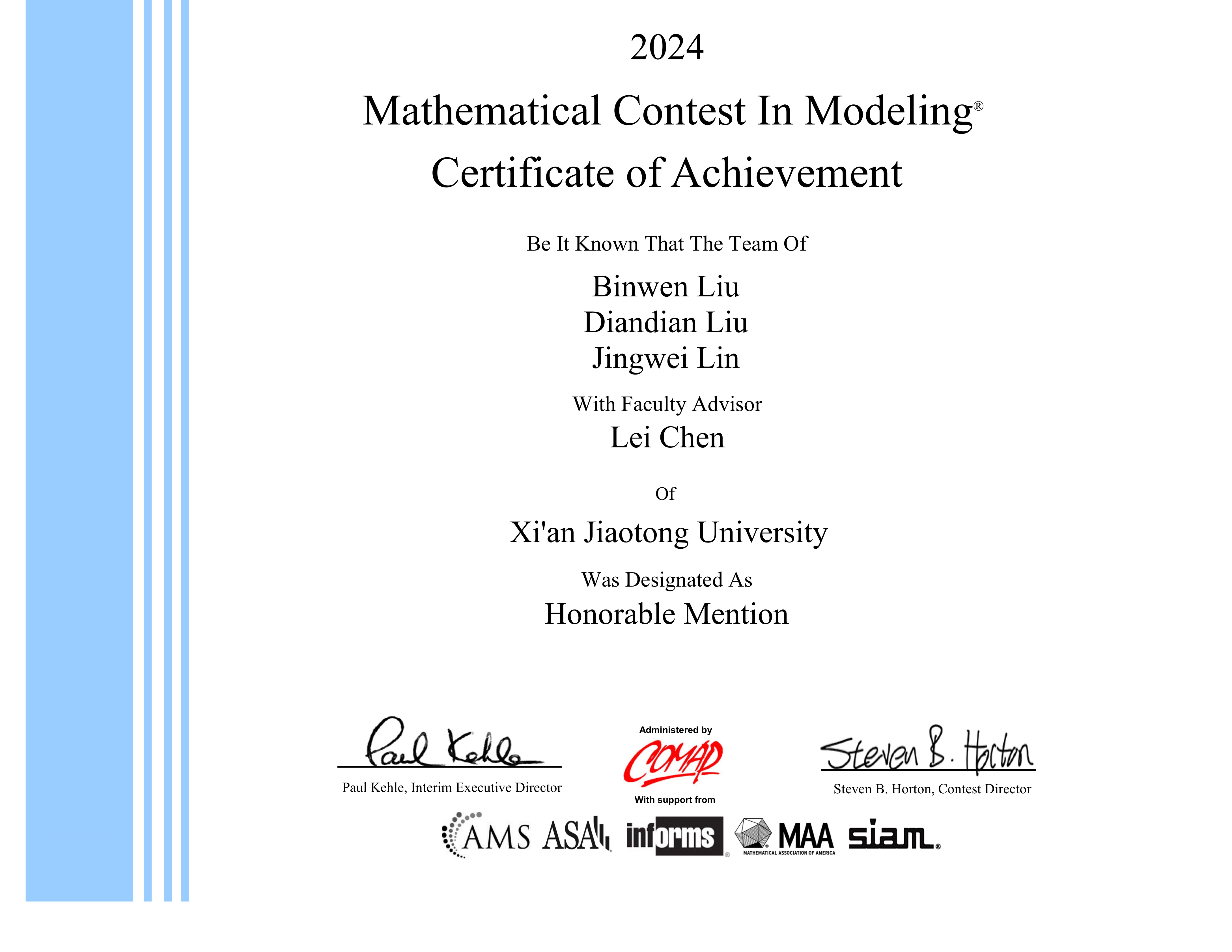 MCM H Prize Certificate